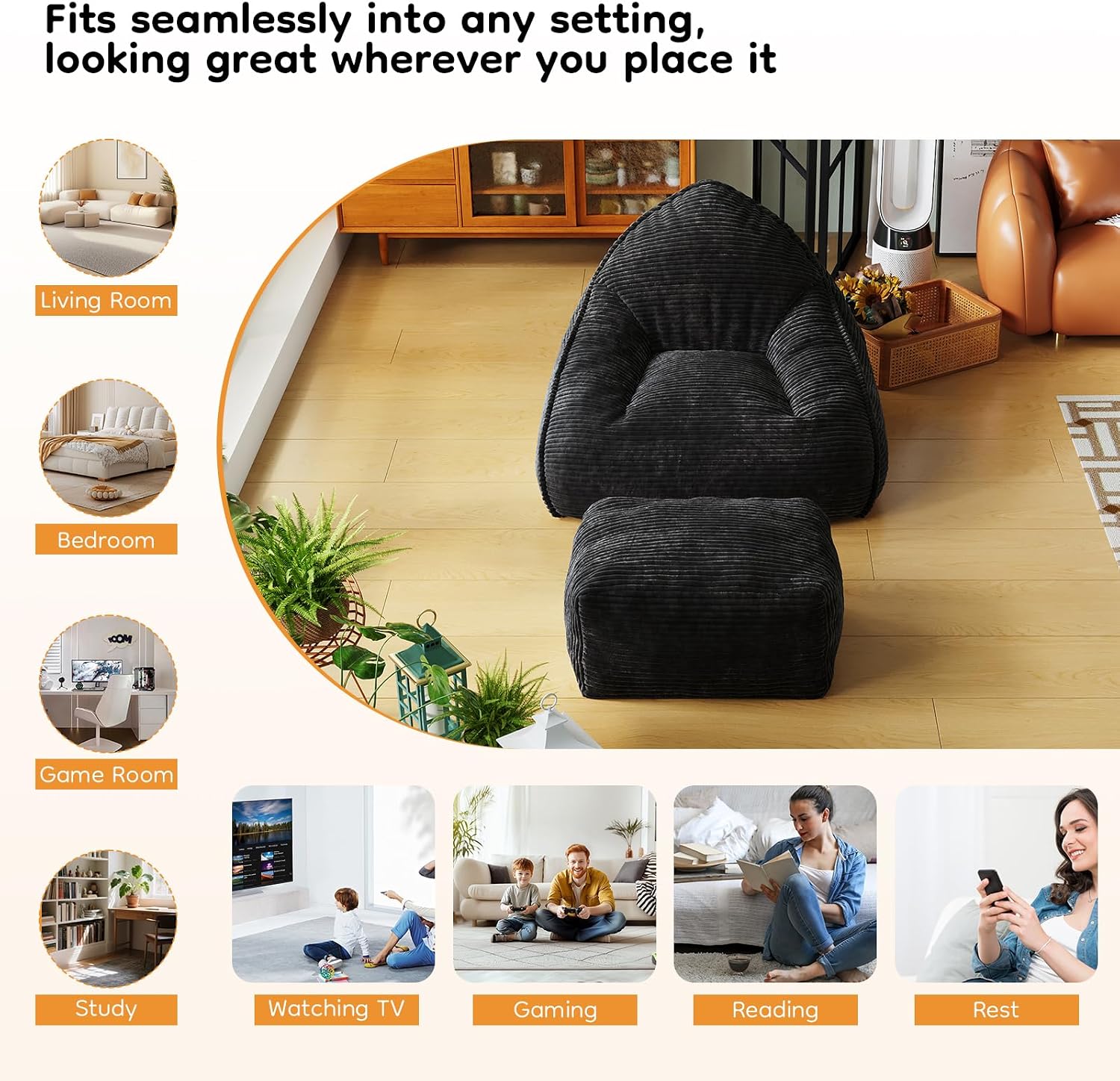 Cloud Large Bean Bag Chair with Ottoman, Corduroy Fabric+35D Memory Foam Big Beanbag Chair for Adults,Lounger Chairs Sofa Boneless Puff Chair for Living Room (Beige) (Black, Clouds)
