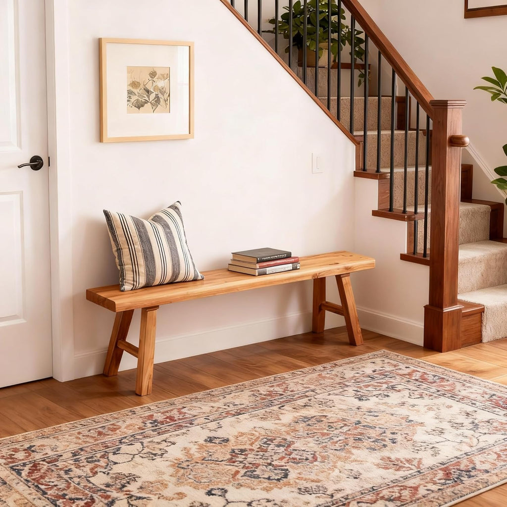 Wooden Entryway Bench Farmhouse for Bedroom End of Bed Vintage Artisan Live Edge Ustic Interior Decor Accent Mudroom,Bedside,Dinette Table,Noodle Narrow Bench (55" W x 17.7" H x 10" D)