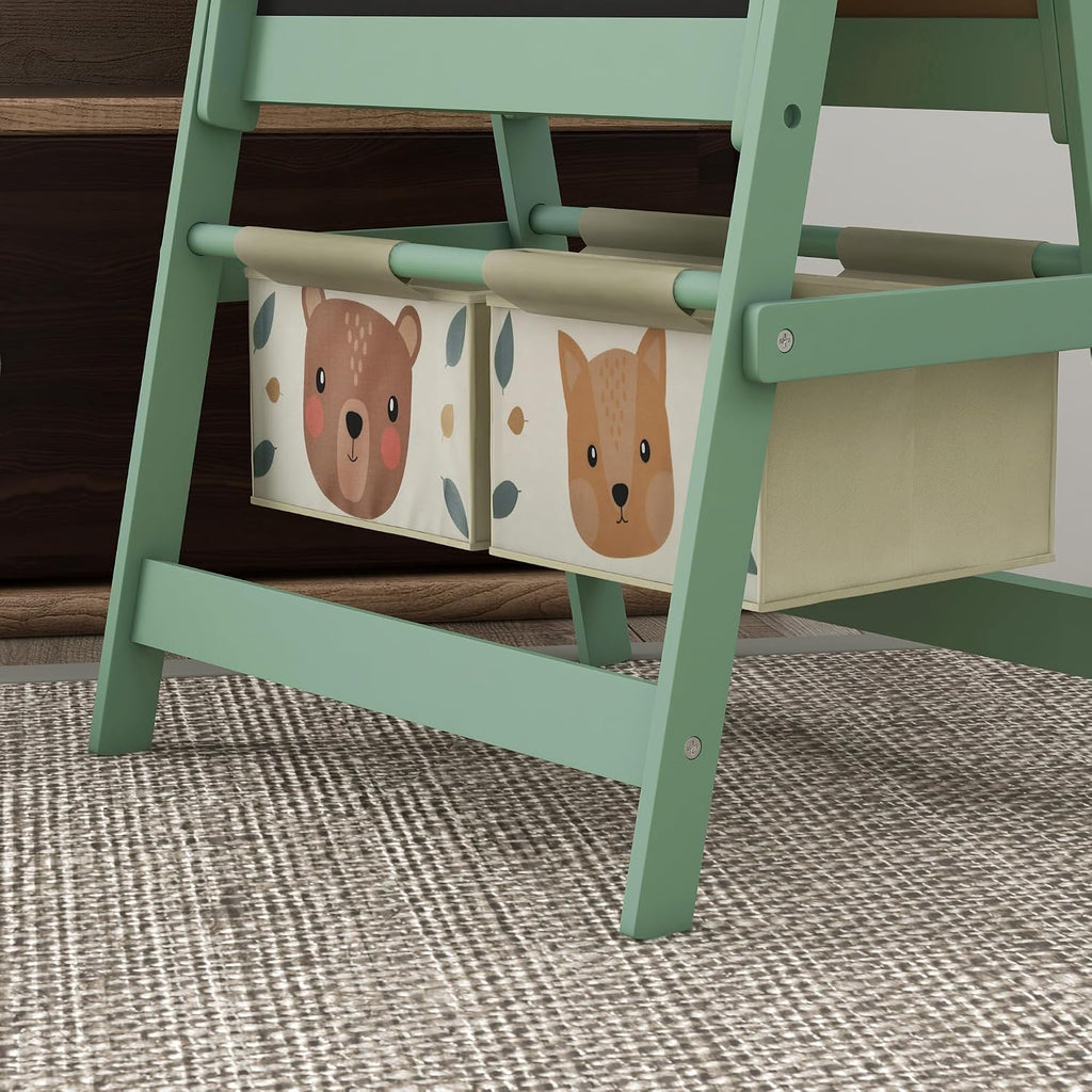 Art Easel for with Paper Roll, 3 in 1 Toddler Painting Easel with Blackboard, Whiteboard, Storage Baskets, Green LB862