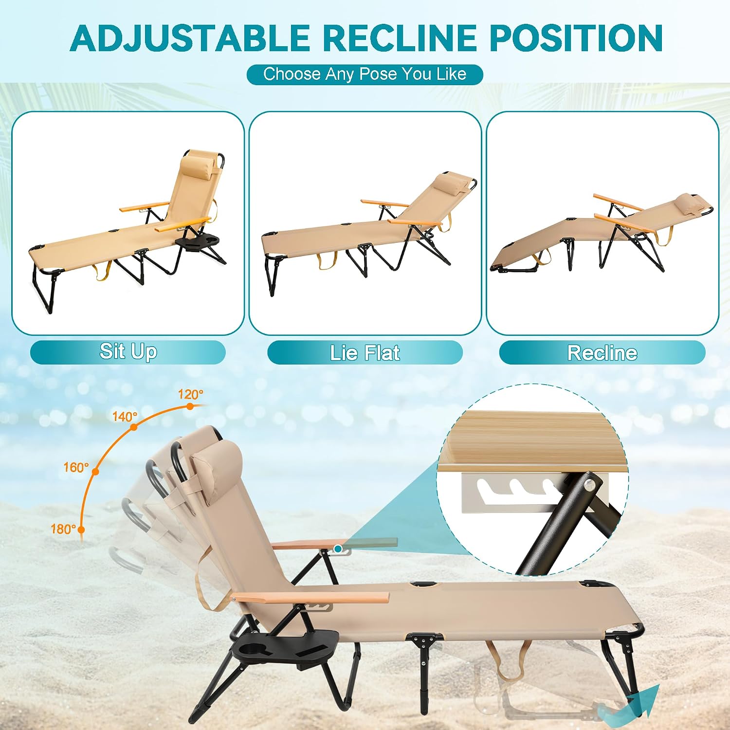Beach Lounge Chair, Folding Outdoor Chaise Lounge Chair with Arms, 4-Position Backrest, Extended Sun Tanning Chair Pillow & Cup Holder, Patio Lounger for Outside for Beach Pool Patio Yard (Beige)