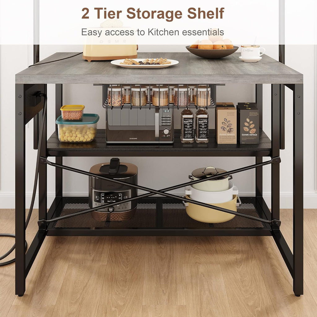 Jocoevol 46'' Kitchen Island with Storage, Bakers Rack with Storage & 3-Tier Shelves, Microwave Stand Coffee Bar Table with Hooks, Industrial Kitchen Island Table for Dining Living Room, Grey