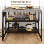 Jocoevol 46'' Kitchen Island with Storage, Bakers Rack with Storage & 3-Tier Shelves, Microwave Stand Coffee Bar Table with Hooks, Industrial Kitchen Island Table for Dining Living Room, Grey