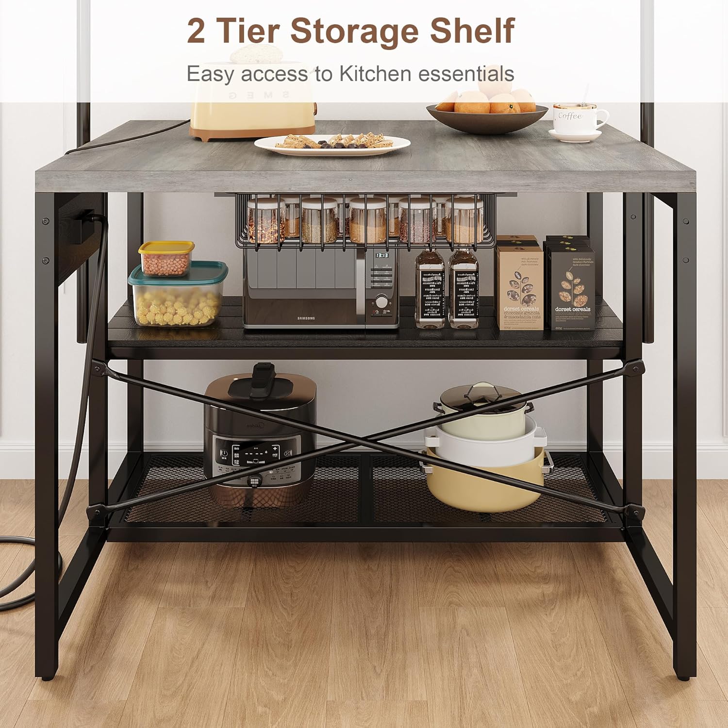 Jocoevol 46'' Kitchen Island with Storage, Bakers Rack with Storage & 3-Tier Shelves, Microwave Stand Coffee Bar Table with Hooks, Industrial Kitchen Island Table for Dining Living Room, Grey