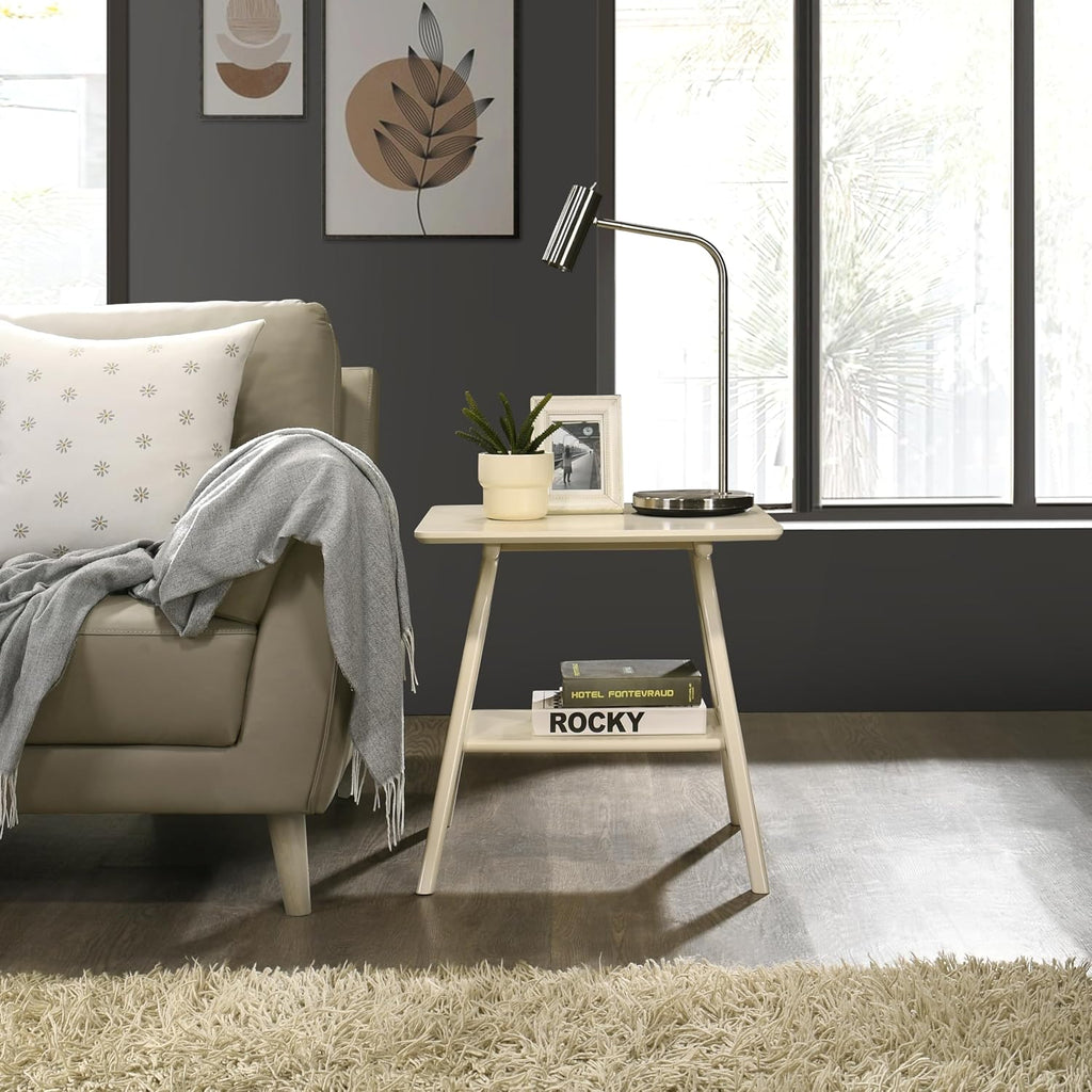 Roundhill Furniture Arona Mid-Century Modern Wood Shelf End Table, Off-White Finish