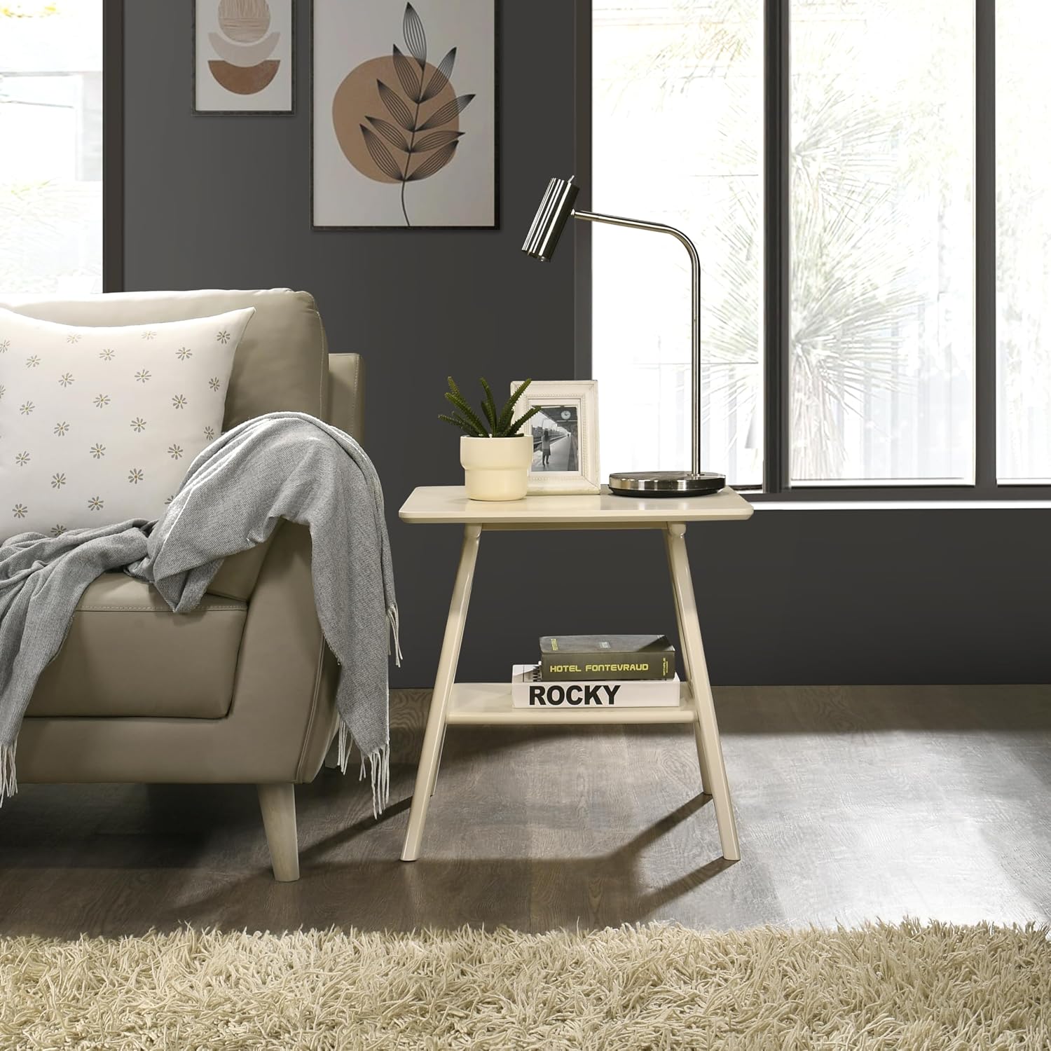 Roundhill Furniture Arona Mid-Century Modern Wood Shelf End Table, Off-White Finish