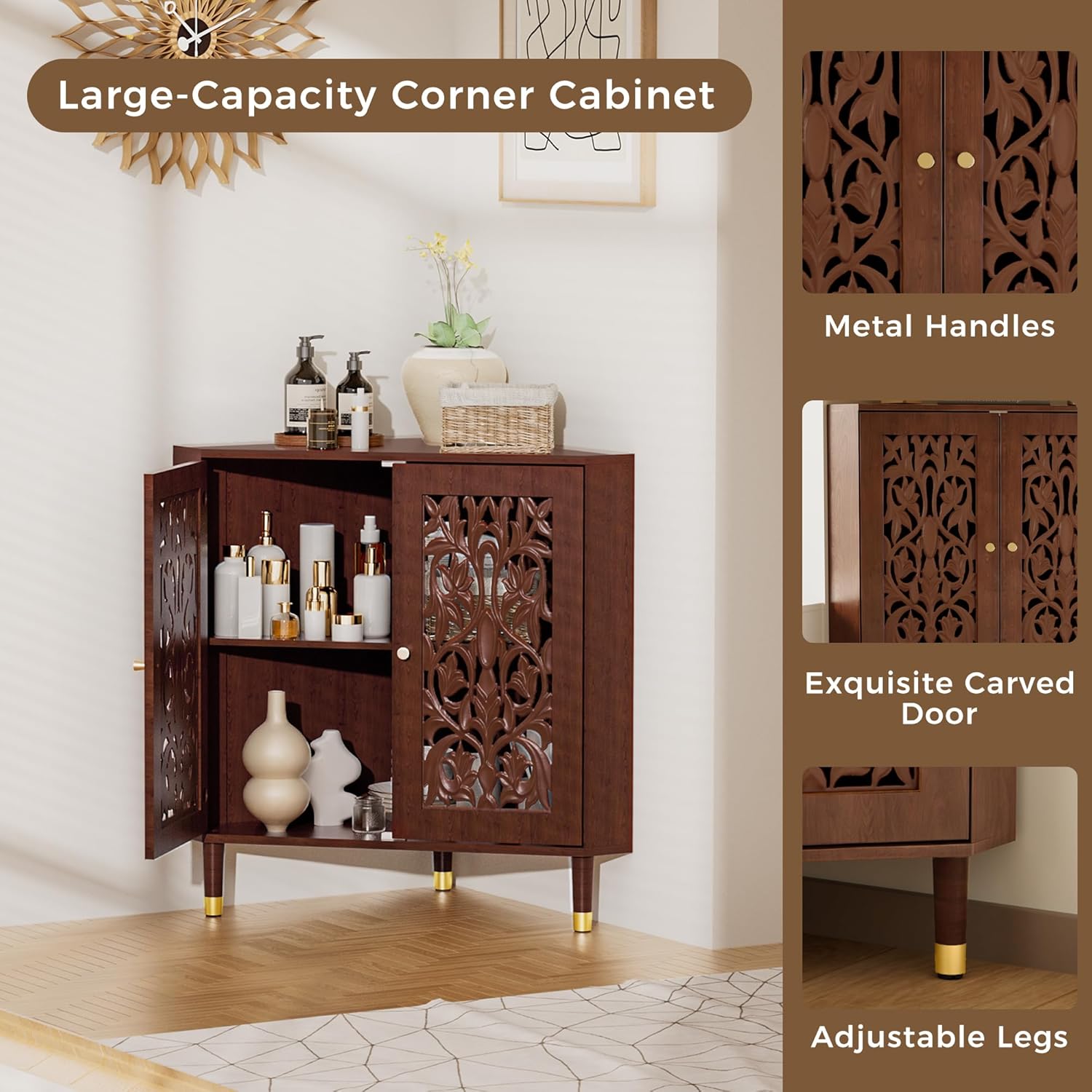 3More 2-Door Retro Accent Corner Cabinet, Hollow Carved Doors Storage Cabinet with Adjustable Shelf and Gold Aluminum Handles, Furniture for Living Room Dining Room Bathroom