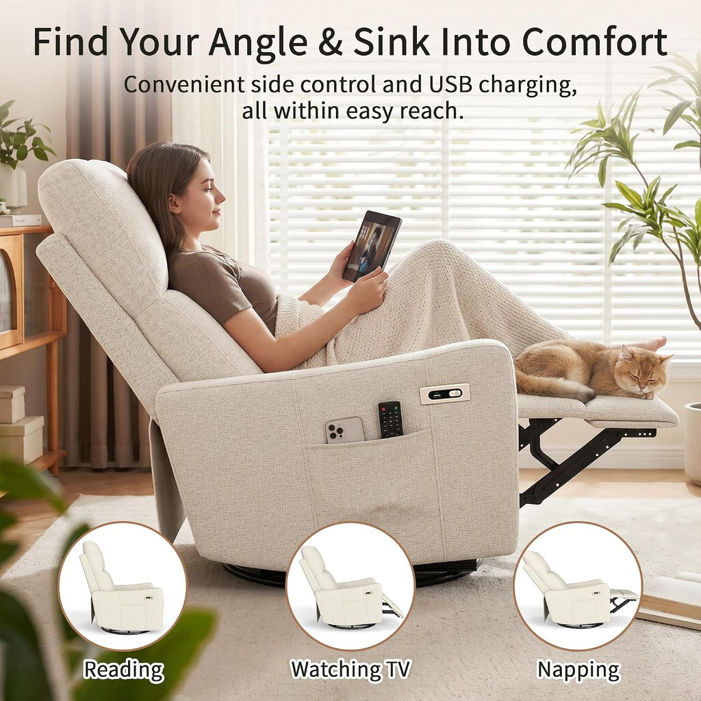 29" 270 Swivel Rocker Velvet Modern Comfort Lazy Cloud Chair, Upholstered Deep Seat Single Sofa with USB Port, Fashion Lounge Chair Side Pocket for Nursery Theater Small Spaces, Beige