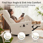 29" 270 Swivel Rocker Velvet Modern Comfort Lazy Cloud Chair, Upholstered Deep Seat Single Sofa with USB Port, Fashion Lounge Chair Side Pocket for Nursery Theater Small Spaces, Beige