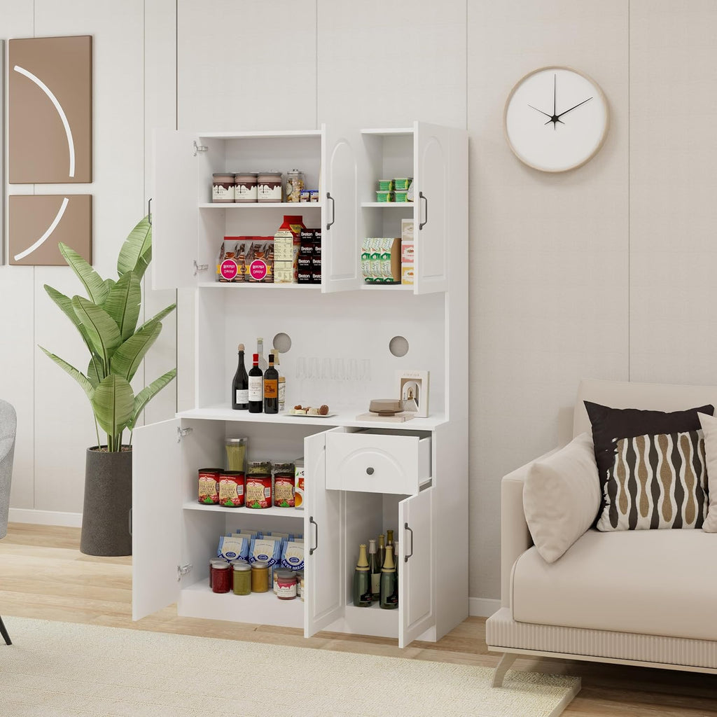 71" Tall Kitchen Pantry Storage Cabinet, Modern Kitchen Hutch Cabinet with Doors and Shelves, Freestanding Food Snacks Wine Buffet Counter for Dining Room, Living Room, White