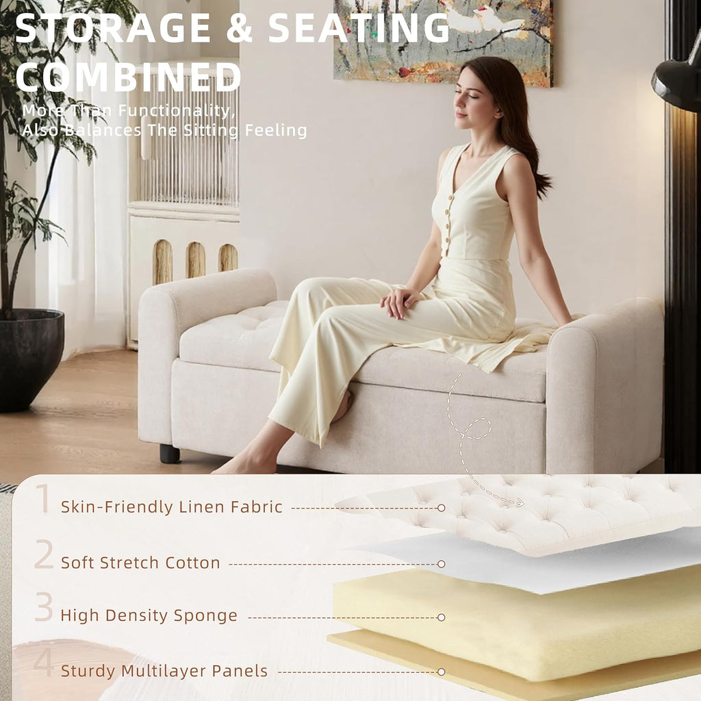 48" Ottoman with Storage, Tufted Storage Ottoman Bench, Convenient Living Room Fabrics Bench Seat, Entryway Shoe Benches with Inner Zipper & Arm, Rivetless Upholstered Window Seat Ottomans, Beige