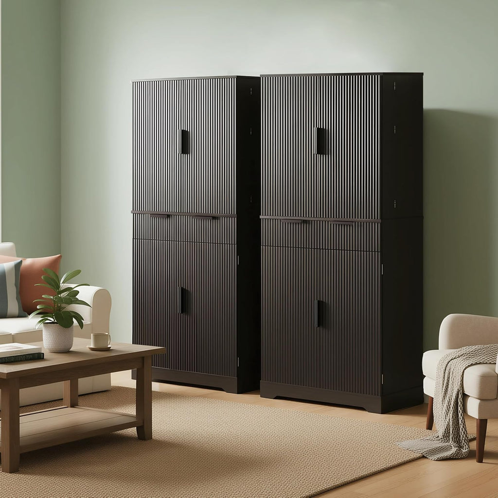 72” Kitchen Pantry Cabinet, Fluted Kitchen Cupboard with Doors and Large Drawer,Tall Storage Cabinet with Adjustable Shelves for Dining Room, Bathroom,Living Room(Black)