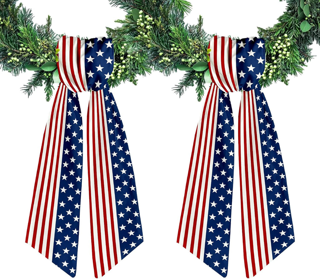 2pcs Patriotic Wreath Sash for Front Door Red White Stripe Wreath Satin Sash Star Garland Ribbon Accessories for Wreath Yard Doorway Indoor Outdoor Bow Bridal Shower Home Decor,5.1 x 54.3