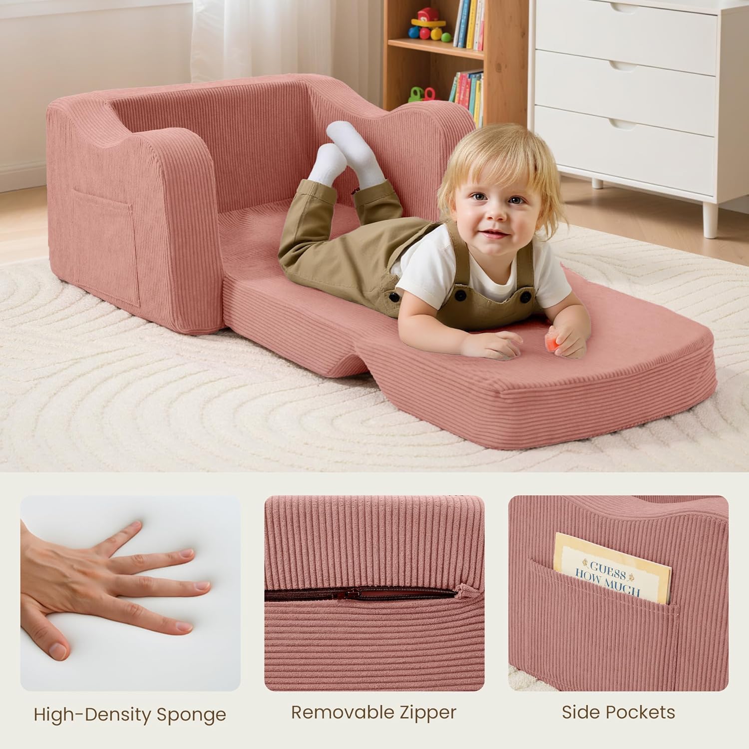 Airpanda Comfy Kids Chair and Couch, 2-in-1 Convertible Kids Sofa, Soft Fold-Out Design, Removable Washable Cover,Pink