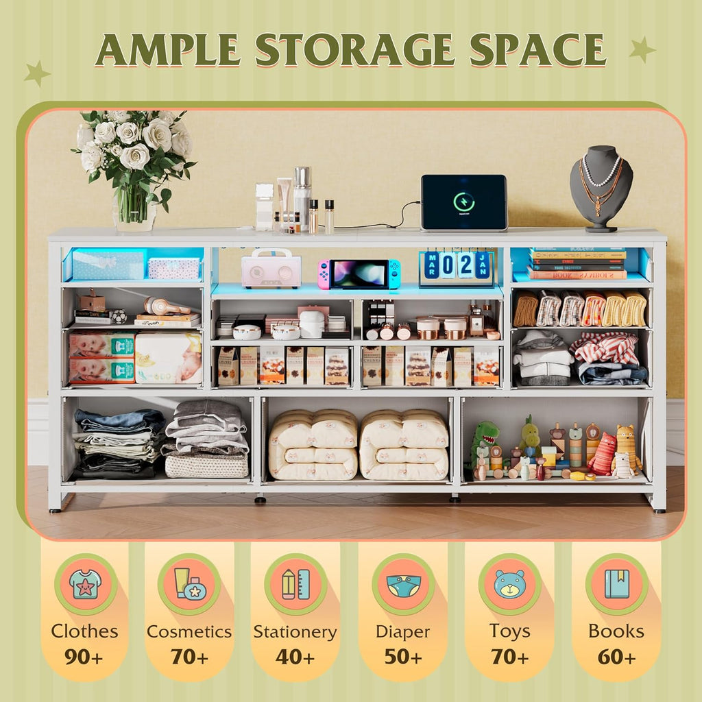 WLIVE Long Dresser for Bedroom, TV Stand for 55, 60, 65 Inch TV, 13 Drawer Wide Fabric Dresser with Wood Top, Large Storage Chest of Drawers for Living Room, Hallway, Closet, White