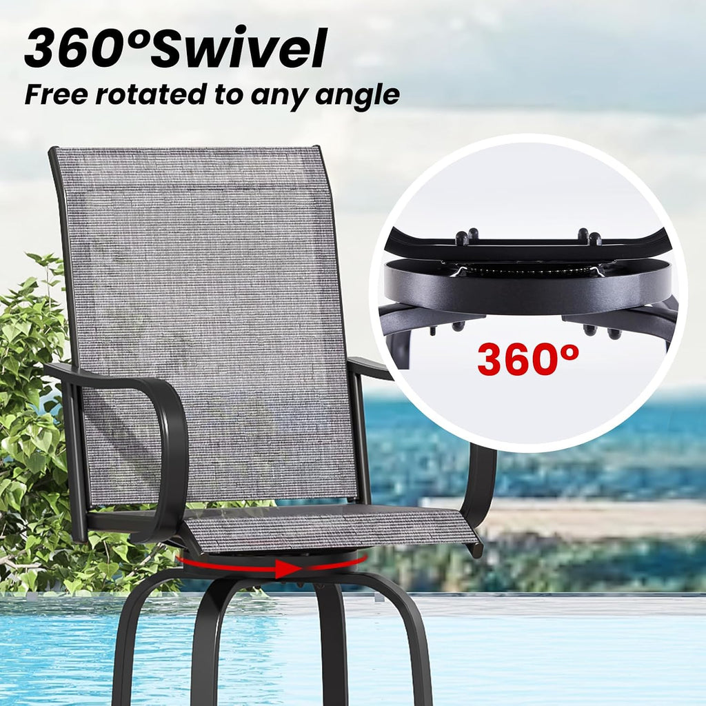 Patio Swivel Bar Stools Set of 4，All-Weather Outdoor High Bistro Stools with Textilene Fabric for Outside, Beach, Lawn, Poolside and Garden (Grey/Brown)