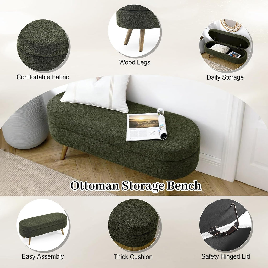 Storage Bench, 43" Storage Ottoman Bench, Shoe Storages Benches for Bedroom, Upholstered Entryway Benches with Seating, Rubber Wood Legs for Bedroom, Living Room, Entryway, Bed Side, Green