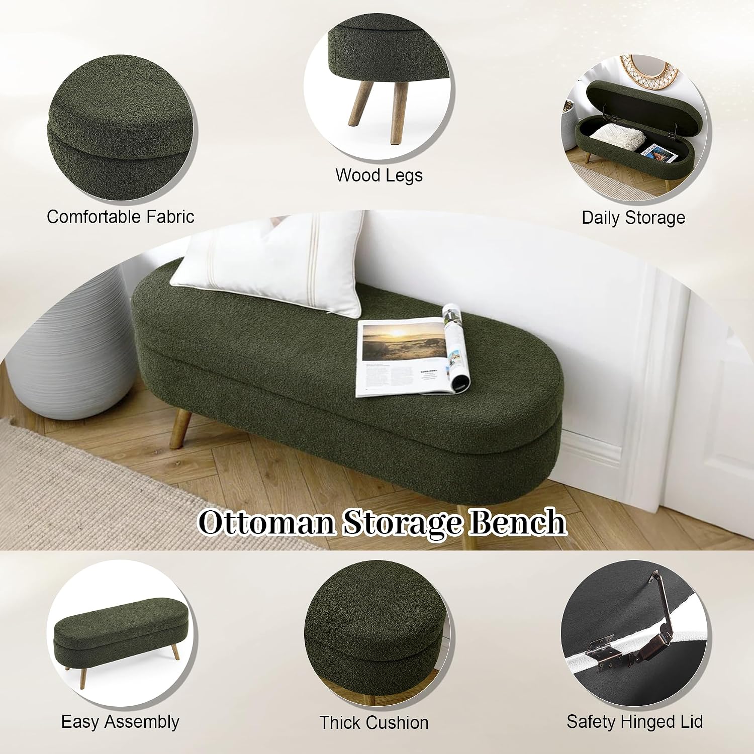 Storage Bench, 43" Storage Ottoman Bench, Shoe Storages Benches for Bedroom, Upholstered Entryway Benches with Seating, Rubber Wood Legs for Bedroom, Living Room, Entryway, Bed Side, Green
