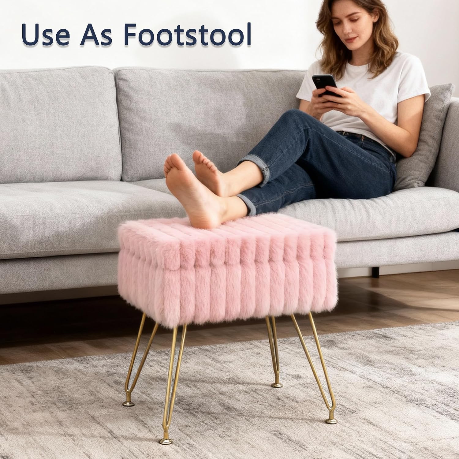 Vanity Stool Chair with Storage, Faux Fur Soft Padded Ottoman with Coffee Table, Modern Vanity Chair Fluffy Footstool with Metal Legs for Makeup, Living Room,Bedroom Pink