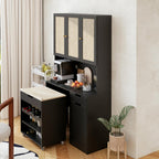 69" Kitchen Pantry Cabinet with Microwave Stand & Rolling Cart - Freestanding Storage Cabinet, 3 Rattan Doors, Adjustable Shelves, Anti-Tip Design for Kitchen, Dining Room, Black