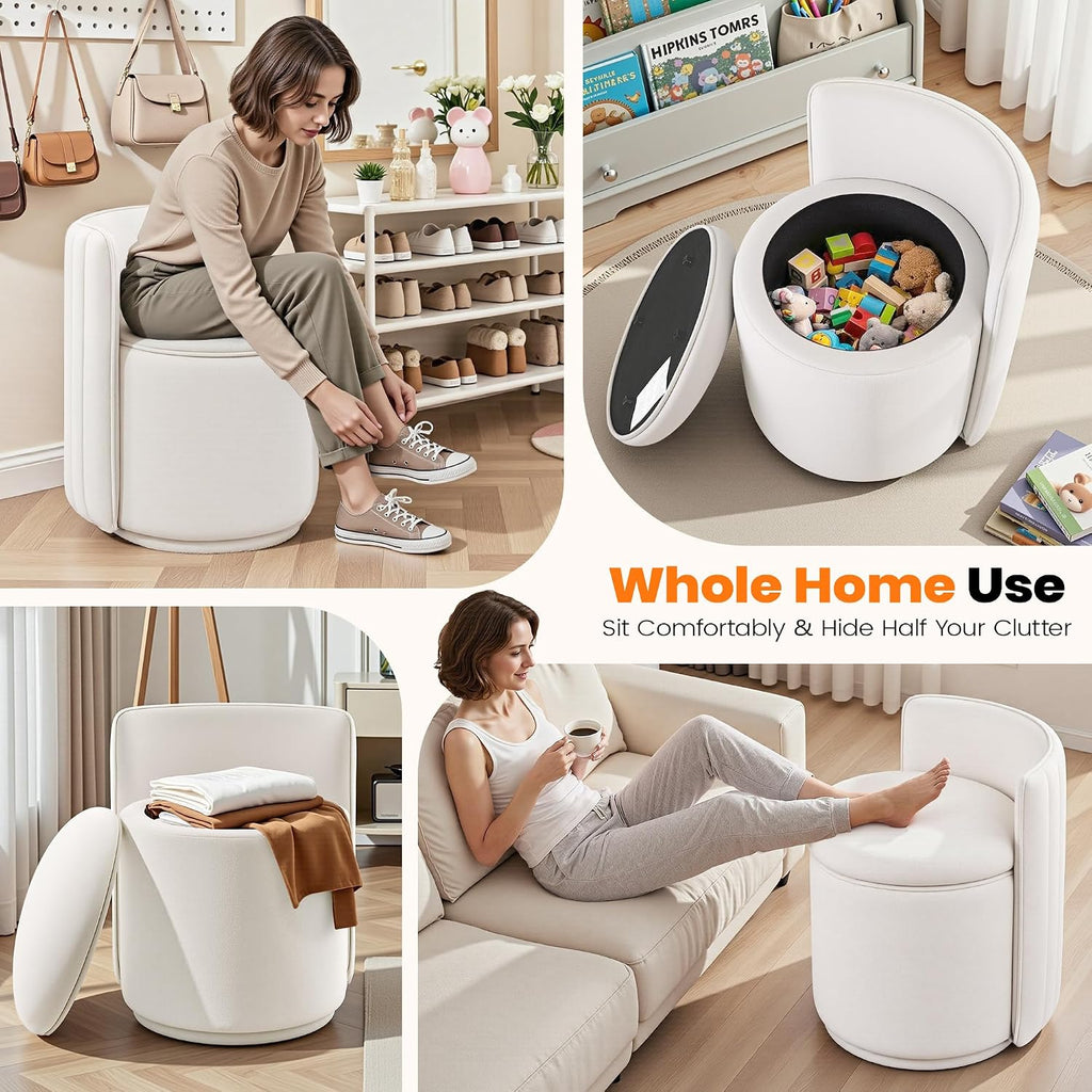 Vanity Chair with Storage, 360° Swivel Velvet Makeup Stool with Wave Backrest, Modern Round Upholstered Closet Stool, No Assembly for Bedroom, Dressing Room & Living Room, White