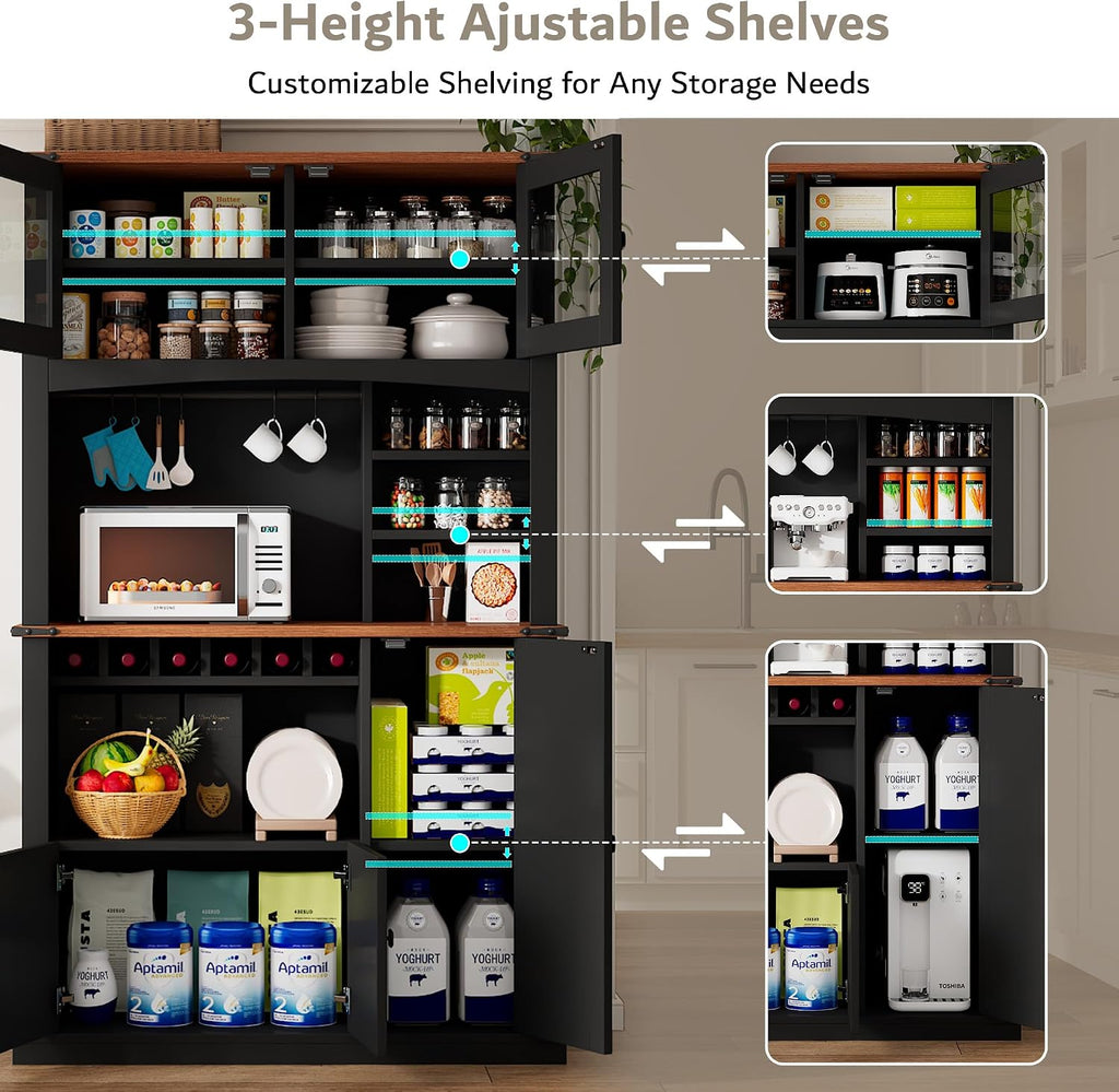 Einhomn 71" Tall Kitchen Pantry Cabinet with Charge Station, 3 Adjustable Shelves, Wine Rack and Glass Door, Kitchen Hutch for Dining Room, Kitchen and Living Room, Black