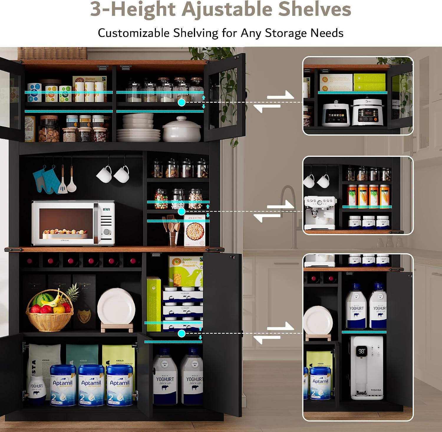 Einhomn 71" Tall Kitchen Pantry Cabinet with Charge Station, 3 Adjustable Shelves, Wine Rack and Glass Door, Kitchen Hutch for Dining Room, Kitchen and Living Room, Black