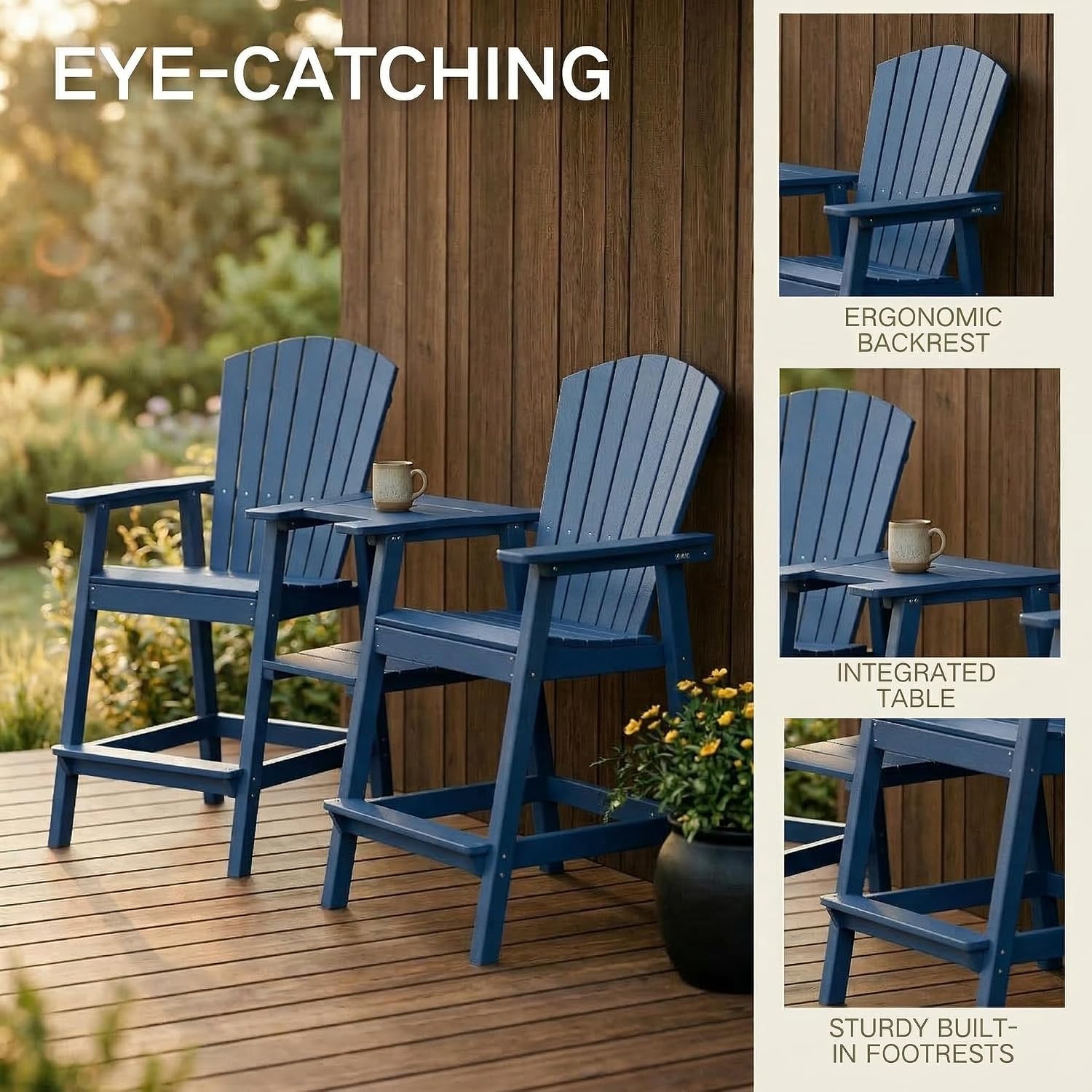 Kingdura Tall Adirondack Chairs Set of 2 with Removable Connecting Tray & 2" Umbrella Hole, Weather-Resistant HDPE Bar Height Outdoor Chairs, Wood-Look Balcony Bar Stools for Patio, Deck (Navy Blue)