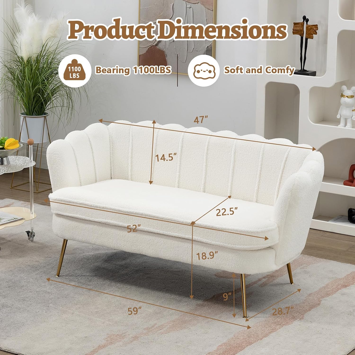 59" Small Loveseat Sofa 2-Seater, Modern Chenille Couch with Gold Metal Legs & Floral Backrest, Compact Apartment Sofa for Living Room, Bedroom, Office, Dorm (Boucle, Ivory)