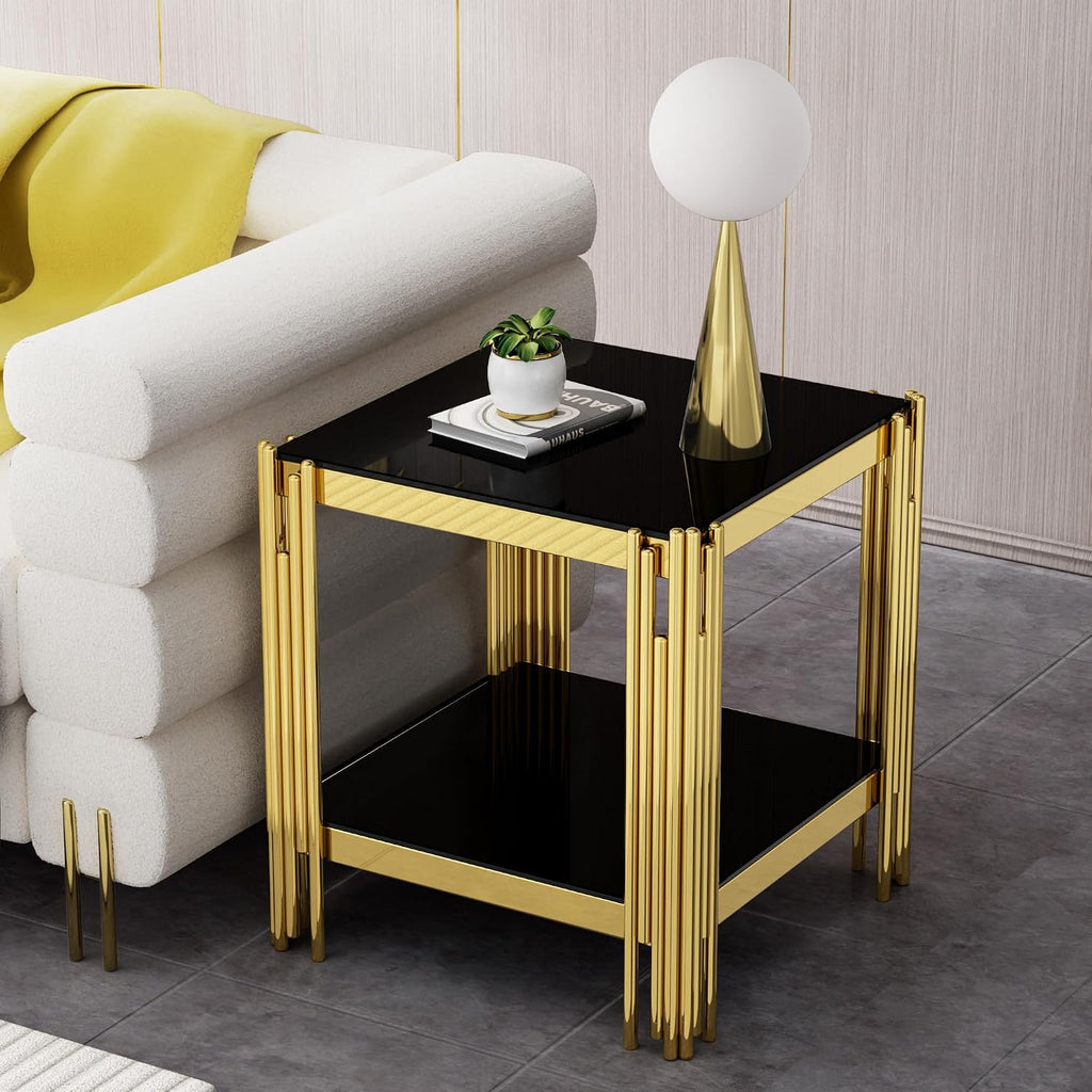 Modern Square End Table Black Glass Sofa Side Table with Gold Stainless Steel Base, Luxury 2-Tier Small Accent Tables with Glass Top & Lower Shelf for Living Room Apartment