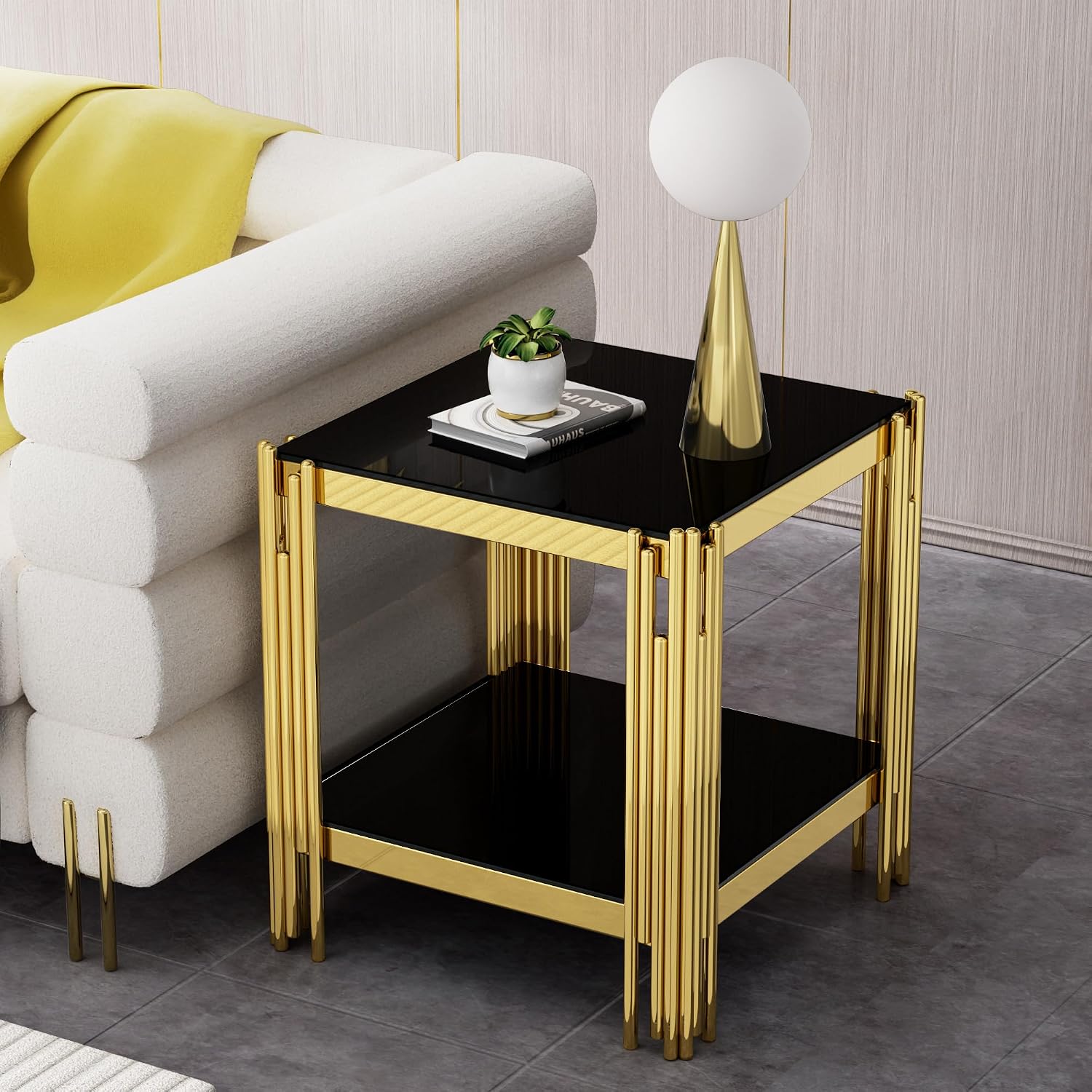 Modern Square End Table Black Glass Sofa Side Table with Gold Stainless Steel Base, Luxury 2-Tier Small Accent Tables with Glass Top & Lower Shelf for Living Room Apartment