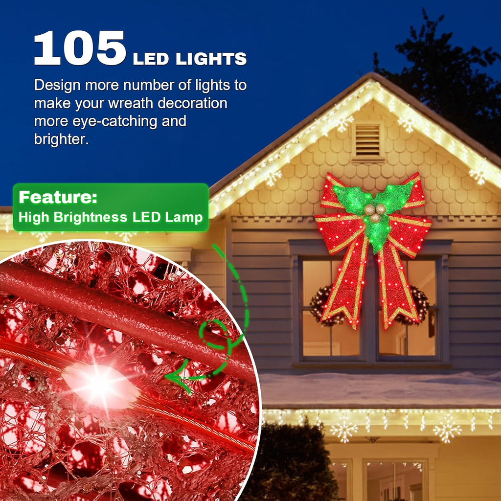 28in Pre-Lit Christmas Bow Decoration, Large Outdoor LED Holiday Yard Deco, Red and Green with Gold Accents, Pre-lit Holiday Door Wreath Topper,16Light Functions, Timer, Hook