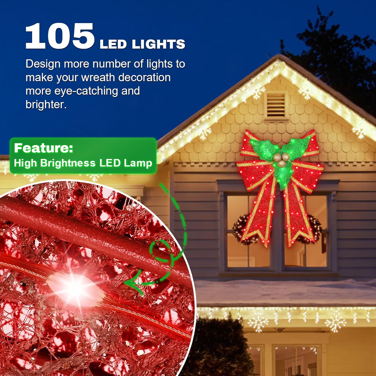 28in Pre-Lit Christmas Bow Decoration, Large Outdoor LED Holiday Yard Deco, Red and Green with Gold Accents, Pre-lit Holiday Door Wreath Topper,16Light Functions, Timer, Hook