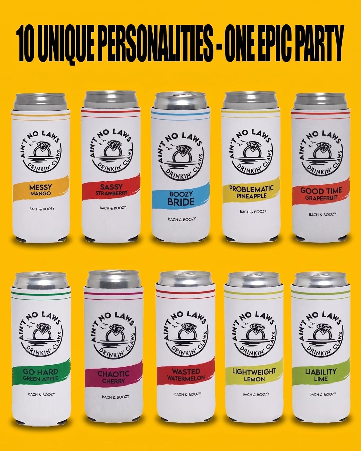 Funky Junque Bachelorette Party Favors Slim Can Cooler, Funny Bridesmaid & Bride Gifts for Girls Trip, Bridal Shower Decorations & Accessories, 12 oz Skinny Can Covers - Ain't No Laws - 10 Pack