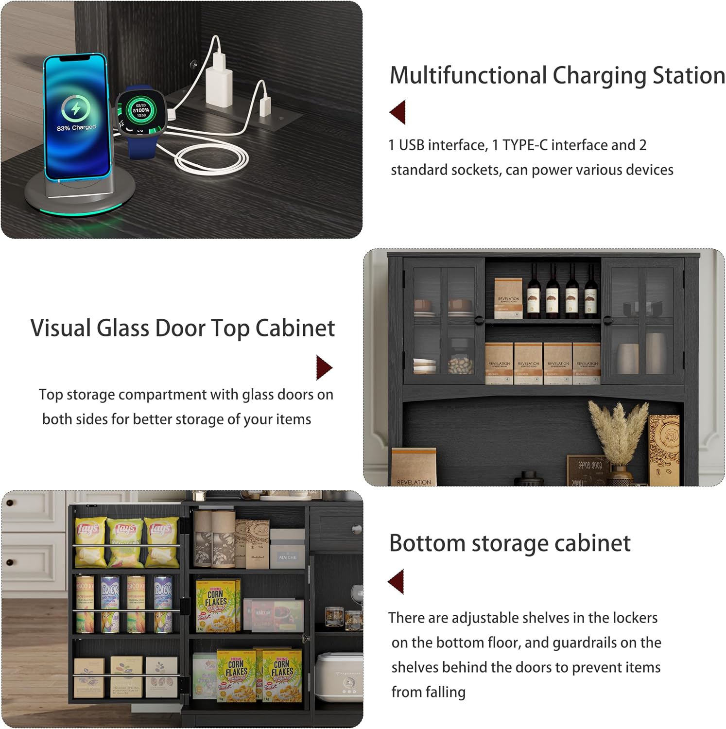 68" Pantry Cabinet with Charging Station, Kitchen Pantry Storage Cabinet with Microwave Stand, Kitchen Hutch Cabinet with Storage Drawers, Food Pantry Cabinets with Countertop for Dining Room(Black)