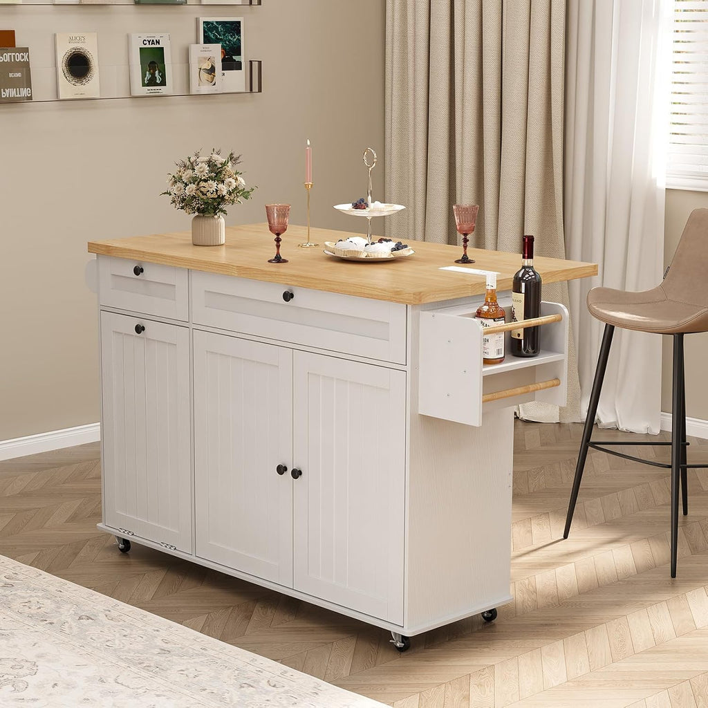 ComfyCorner 60" Rolling Large Kitchen Island on Wheels with Extendable Table, Drop Leaf & Power Outlet, Mobile Kitchen Cart with Storage Cabinet, 2 Drawers, Spice Rack, Towel & Knife Holder, White