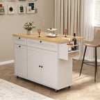 ComfyCorner 60" Rolling Large Kitchen Island on Wheels with Extendable Table, Drop Leaf & Power Outlet, Mobile Kitchen Cart with Storage Cabinet, 2 Drawers, Spice Rack, Towel & Knife Holder, White