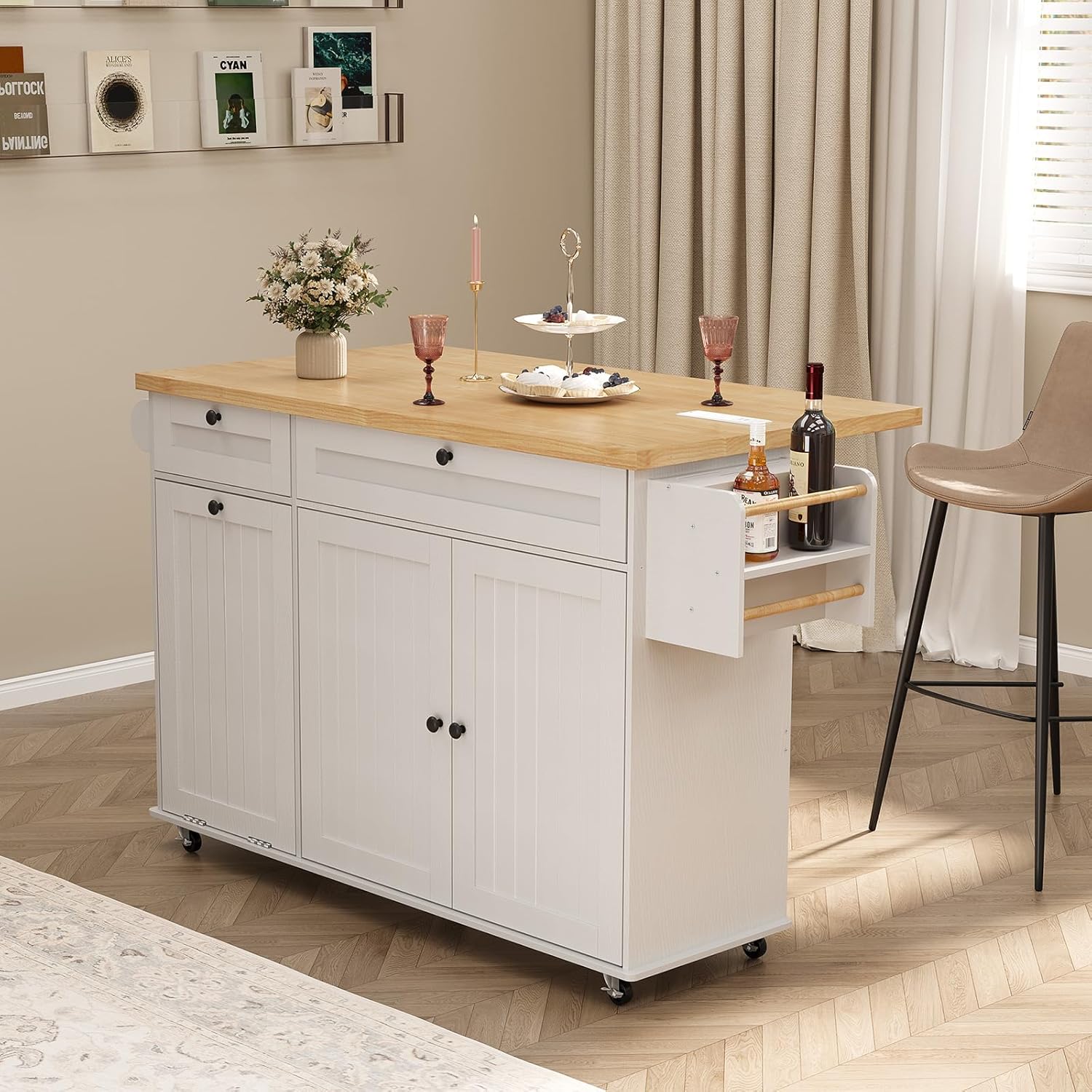 ComfyCorner 60" Rolling Large Kitchen Island on Wheels with Extendable Table, Drop Leaf & Power Outlet, Mobile Kitchen Cart with Storage Cabinet, 2 Drawers, Spice Rack, Towel & Knife Holder, White