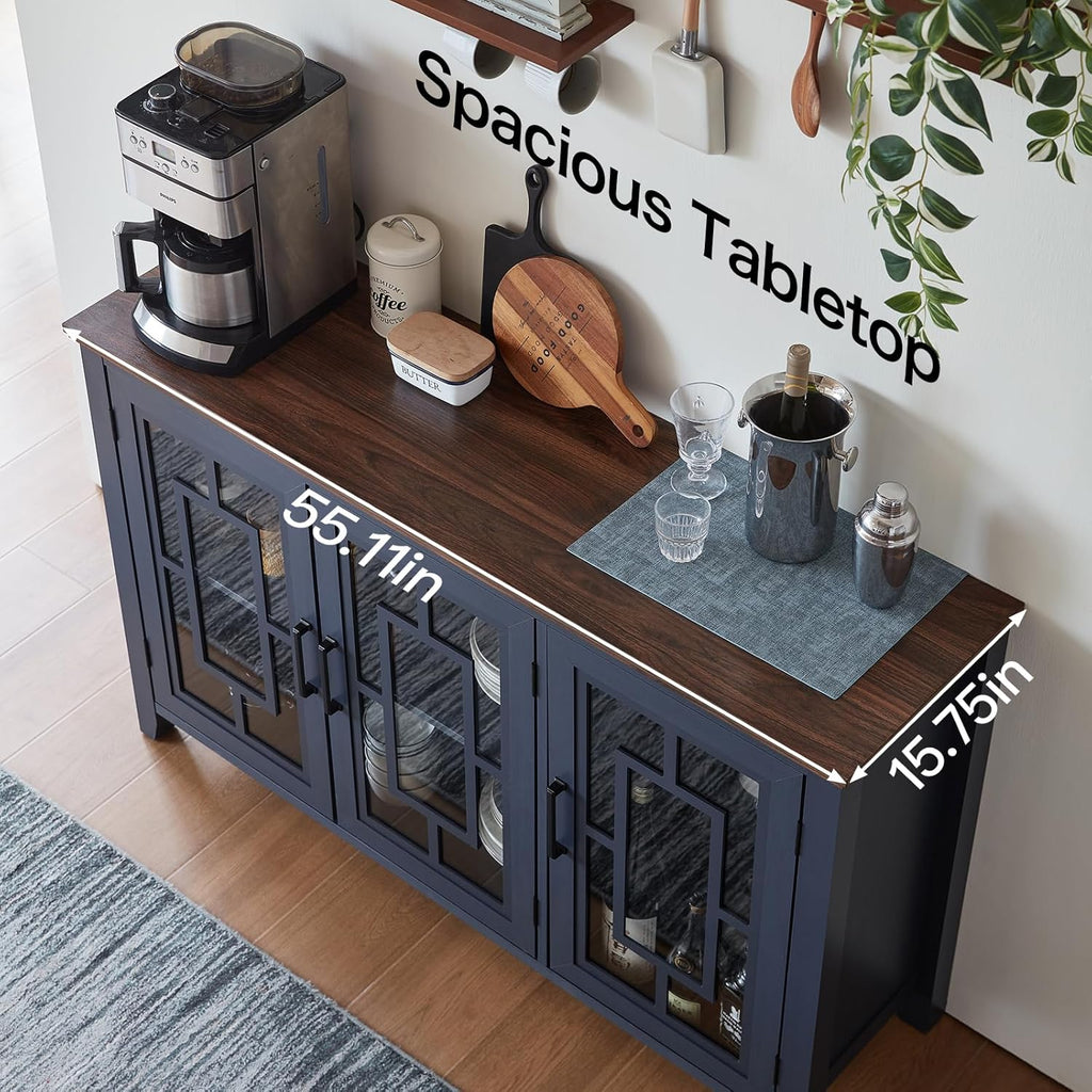 Joaxswe Large Sideboard Buffet Cabinet with Storage, 55" Farmhouse Kitchen Coffee Wine Bar Cabinet with 3 Glass Doors, Wood Mid Century Modern Side Board Table for Dining Room, Living Room,Navy Blue