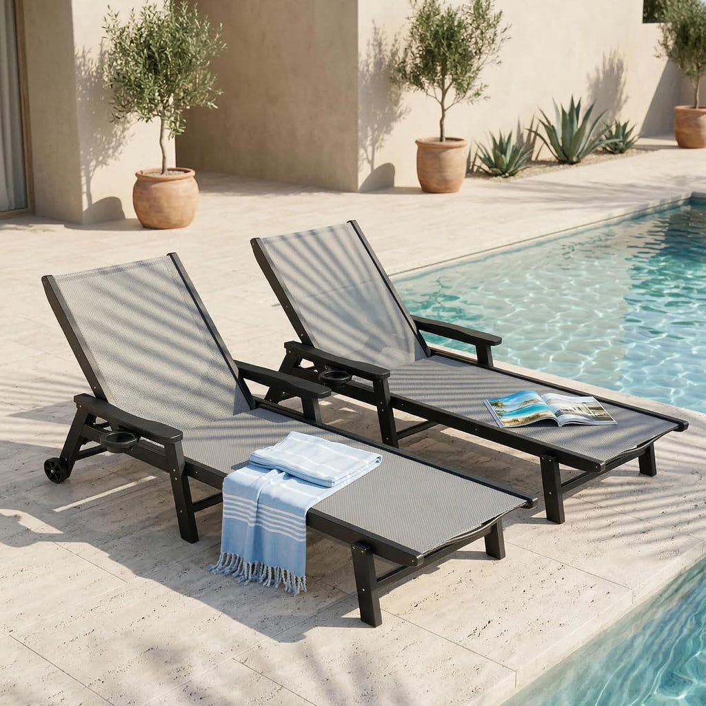 HDPE 5 Positions Chaise Lounge Outdoor Set of 2 with Wheels, Grey Textilene Fabric Pool Lounge Chairs for Patio, Deck, Beach (Grey Frame)