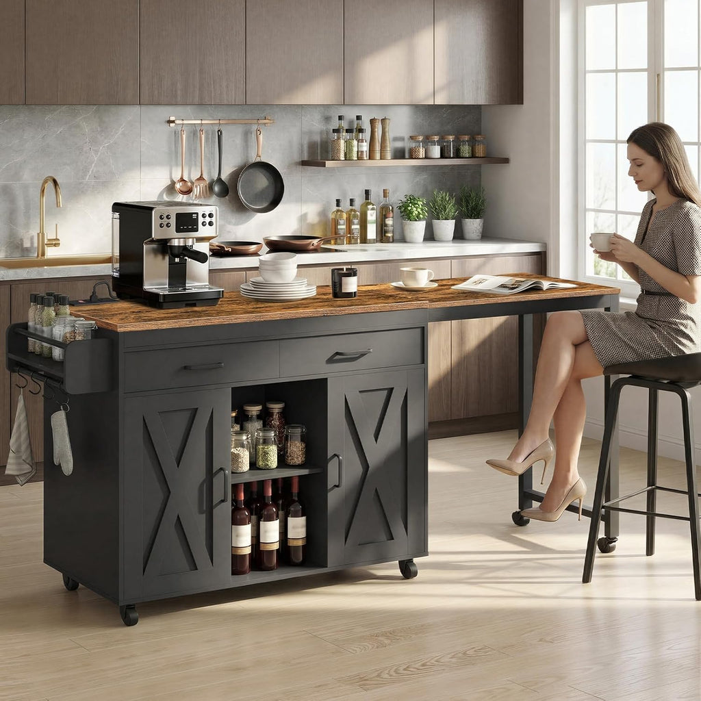 YATINEY Extendable Kitchen Island, Large Mobile Kitchen Storage Island, Rolling Kitchen Cart with Outlets, Island Table for Kitchen, Rustic Brown ZD03UBR