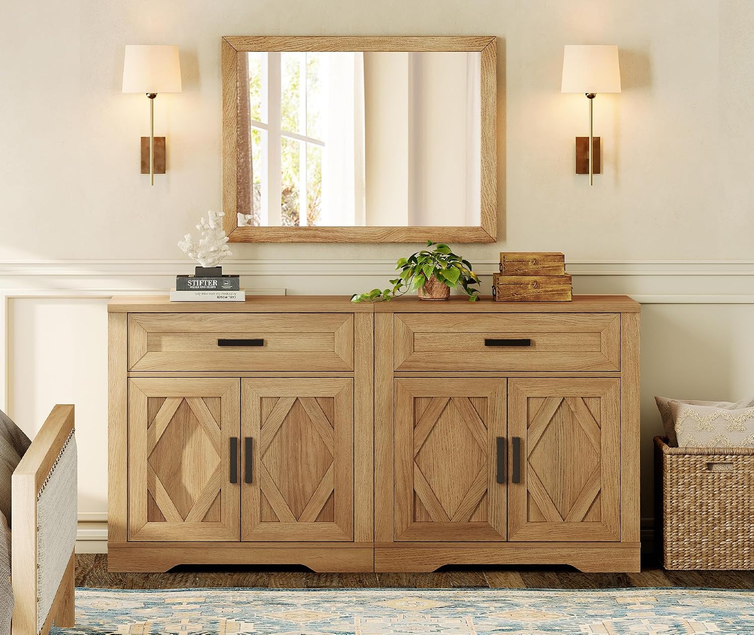 WAMPAT 2-in-1 Vintage Farmhouse Style Buffet Sideboard Cabinet with Storage, 63-inch Rustic Wood Accent Cabinet with Drawers and Barn Doors for Kitchen, Coffee Bar,Walnut