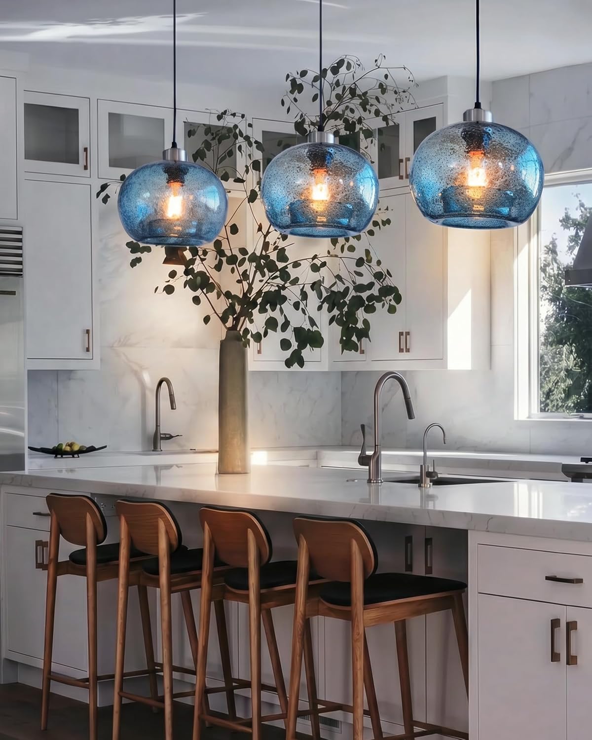 CASAMOTION Hand Blown Glass Pendant Lights Kitchen Island Marble Blue Color Modern Rustic Style Ceiling Hanging Light Fixtures Dining Room Brushed Nickel 8.7 Inch Diameter 2 Pack