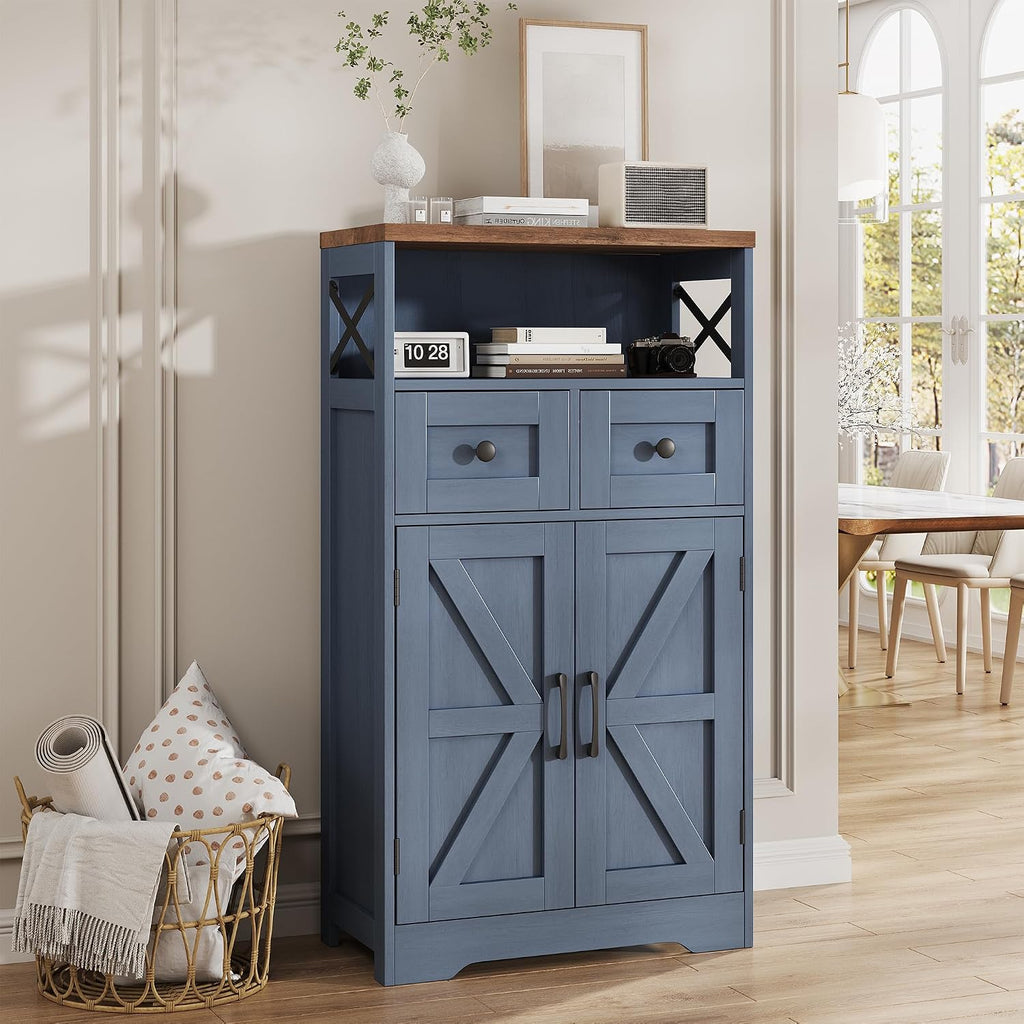 FiveWillowise Farmhouse Blue Storage Cabinet with Barn Doors and Drawers, Small Freestanding Kitchen Pantry Cabinet, Hutch Cupboard for Kitchen, Laundry, Living Room,Bathroom