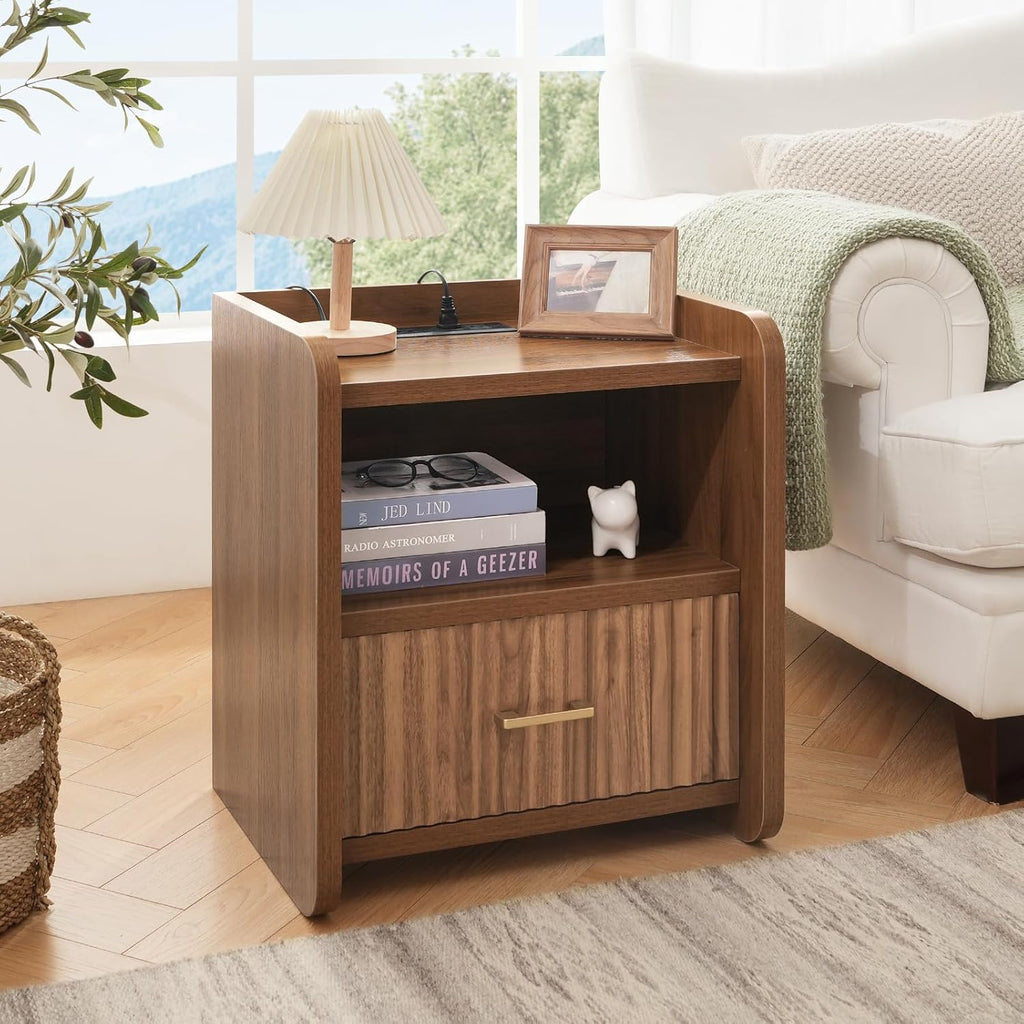 Night Stand with Charger Station - Modern Wood Nightstand with Drawer Storage, Fluted Wide Nightstands Bedside Table, Mid Century Night Stands for Bedroom Home Office Sofa, Walnut