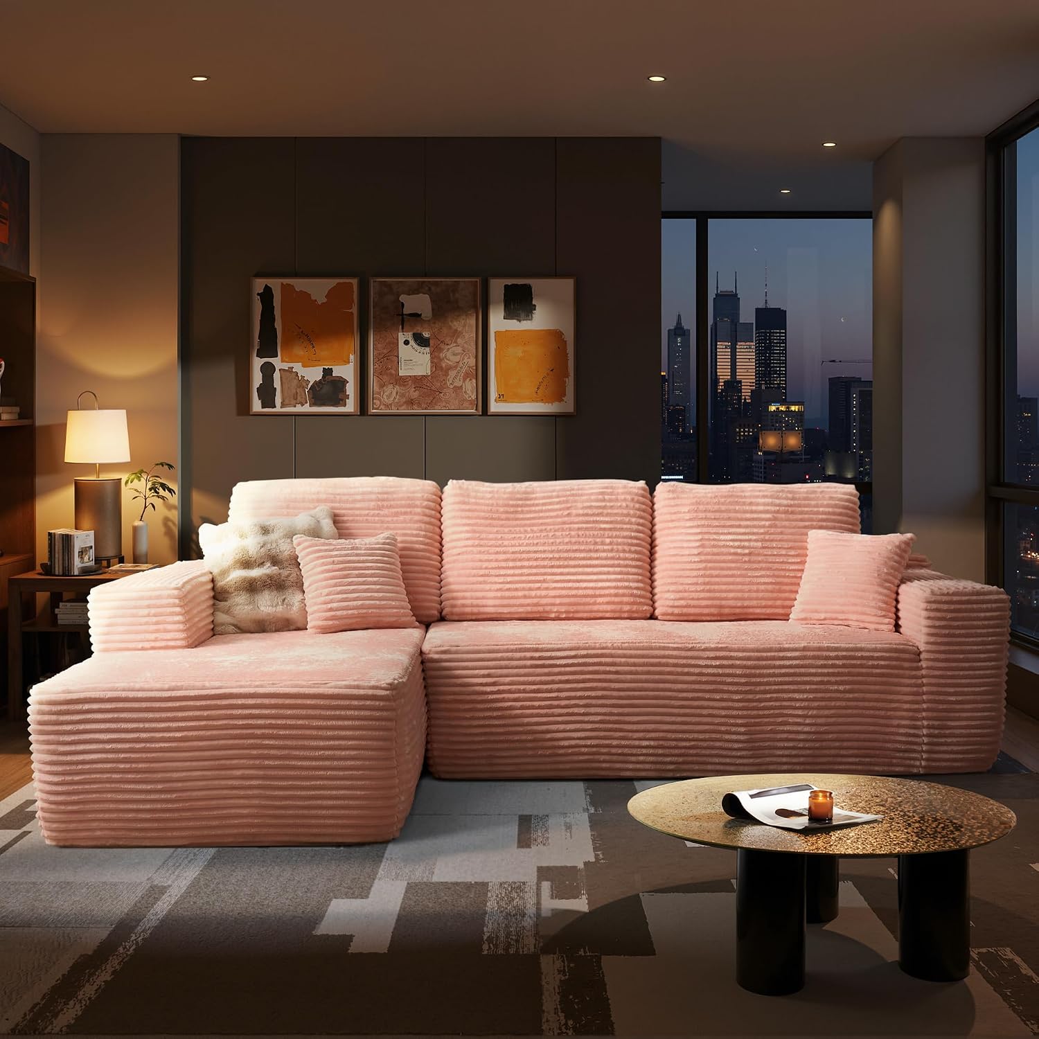 ovios 104" Cloud Boneless Couch with Glitter Fabric, Moudular Sectional Sofa with Deep Seat, No Assembly Required, Modern Minimalist L Shaped Couches with Chaise for Living Room, Pink