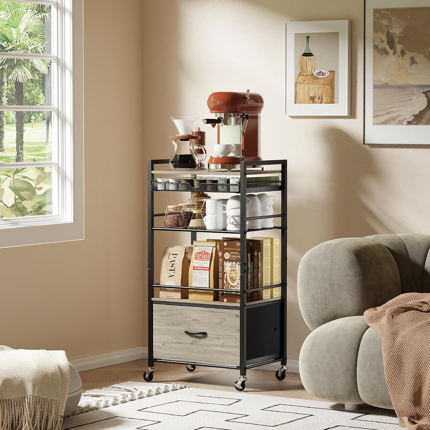 Coffee Bar Cabinet with Storage，5 Tier Coffee Station Table on Wheels, 33.6" H Cart with Drawer for Home Kitchen, Liquor Buffet Sideboard Cabinet (Black)