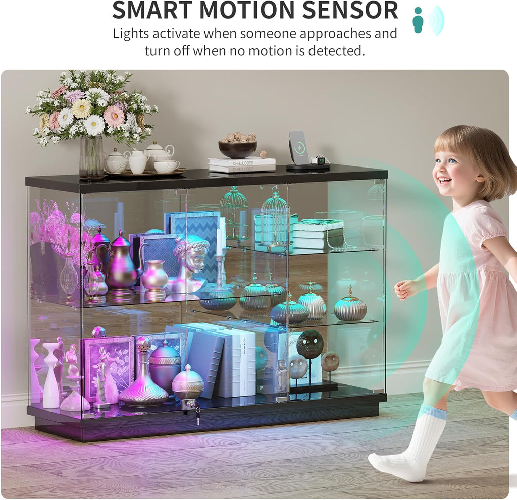 RGB Glass Display Cabinet - with Human Body Sensor, High Gloss Sideboard with Lock & Glass Shelves for Toys, Books, Collectibles, Liquor, Bookcase for Living Room, Kitchen, Study, Black