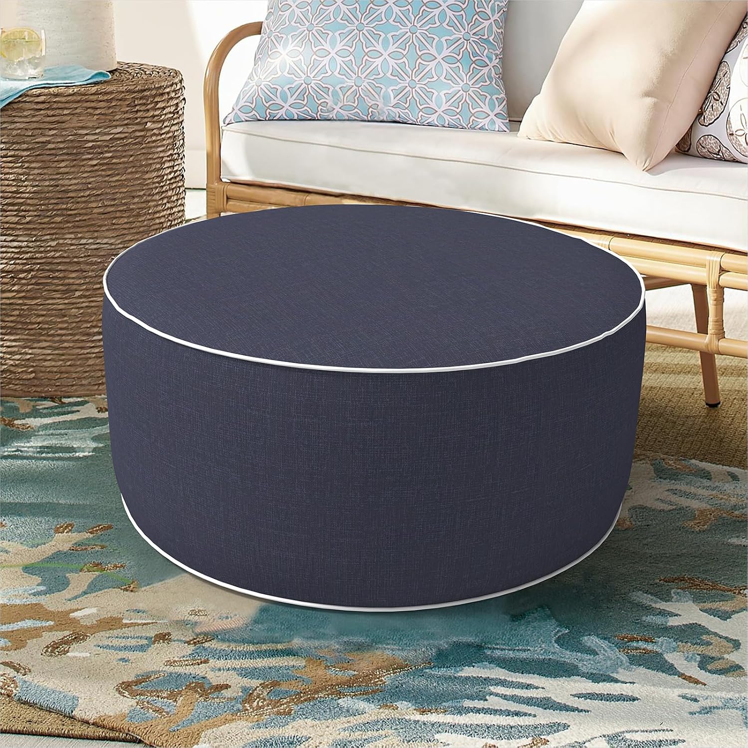 DYTXIII Inflatable Ottoman Stool D21 xH9 for Outdoor/Indoor Use, Water Repellent Patio Foot Rest Stool with Portable Handle,Round Pouf Ottoman Suitable for Garden,Deck and Camping - Textured Navy