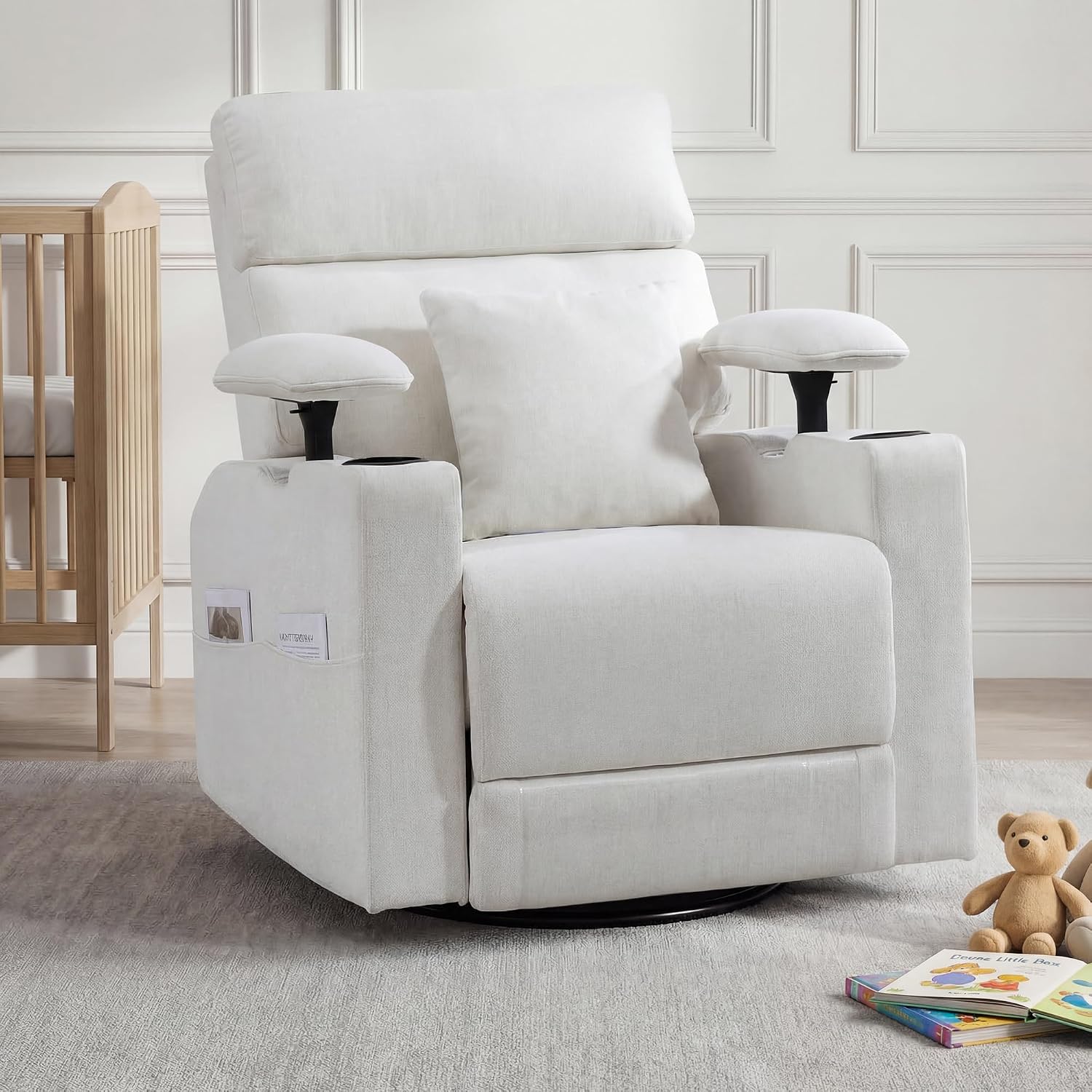 FiveWillowise 360° Rocker Recliner Chair with Adjustable Armrest&Headrest | Oversized Manual Nursery Glider with Cup Holder,Swivel Rocking Chairs for Breastfeeding,Living Room,Bedroom,Beige