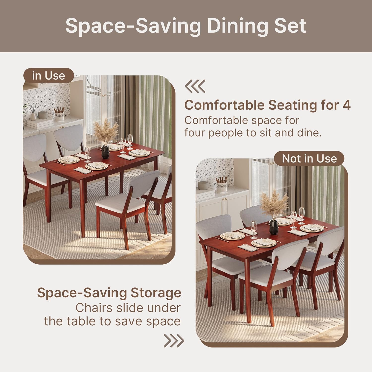 Ahomly 5-Piece Dining Table Set for 4,Solid Wood Kitchen Table Set with 4 Upholstered Linen Chairs, Space-Saving Dining Room Furniture for Apartment, Home, Dark Cherry/Grey